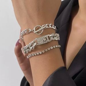 🆕 Silver Modern Rhinestone Chain Bracelet Set